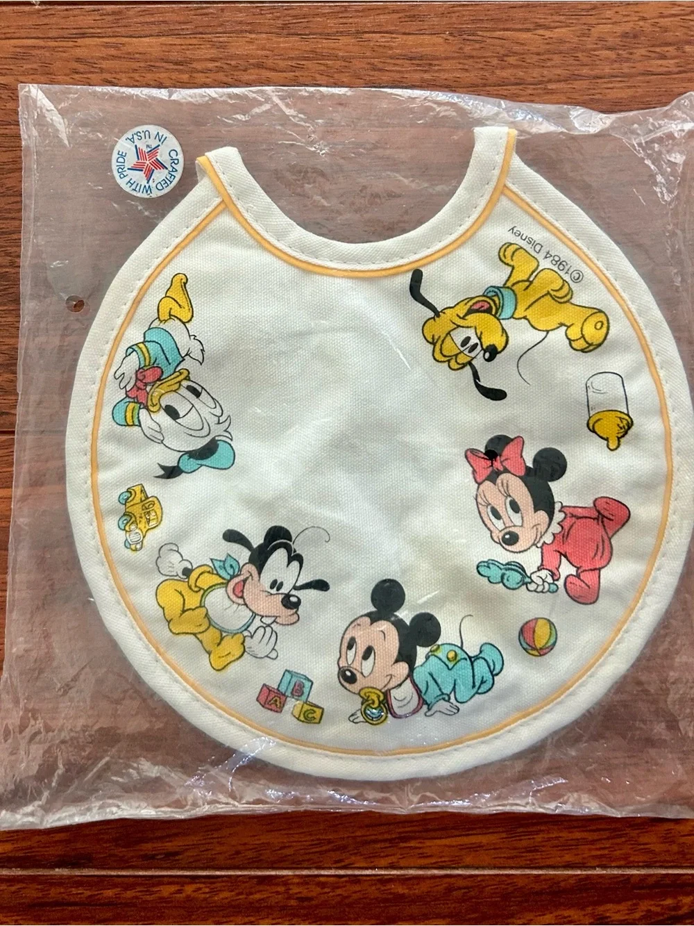 NEW 1984 Mickey Mouse Babies Quilted Back Circle Baby Bib - Disney -Made in USA